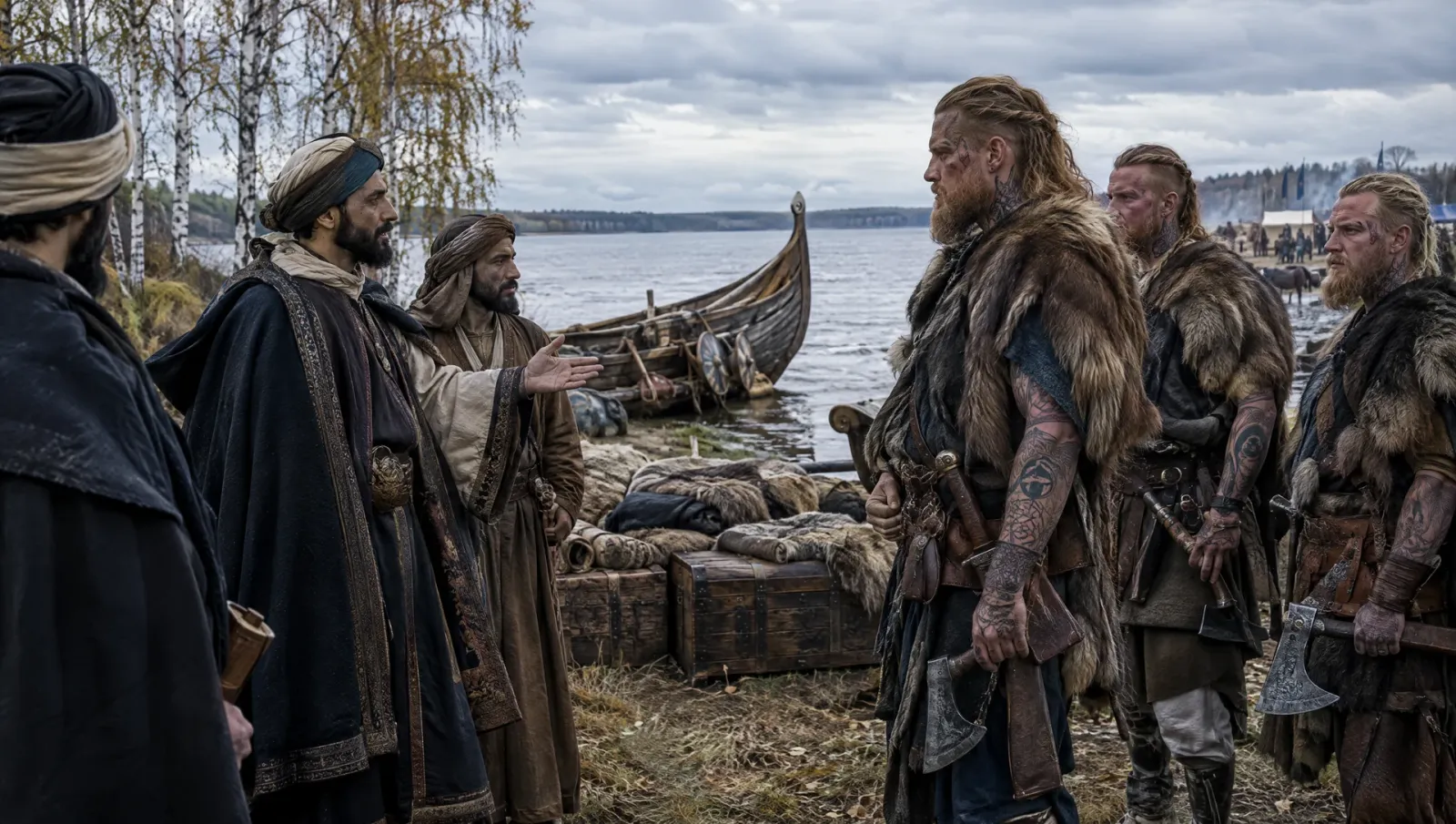 Illustration of the Abbasid envoy Ibn Fadlan meeting Rus' Viking traders on the Volga River in AD 922