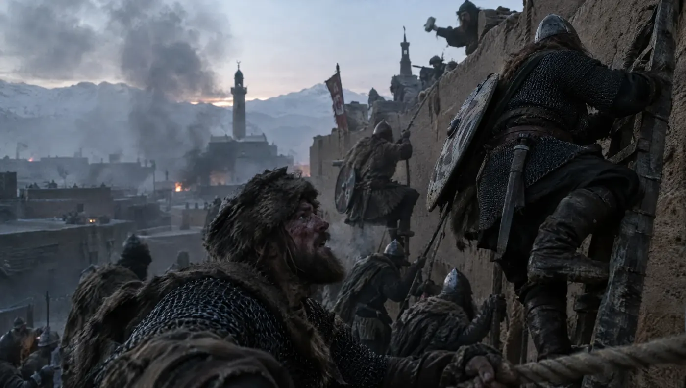 AI-generated depiction of Rus' warriors storming the city of Barda'a in the Caucasus in AD 943