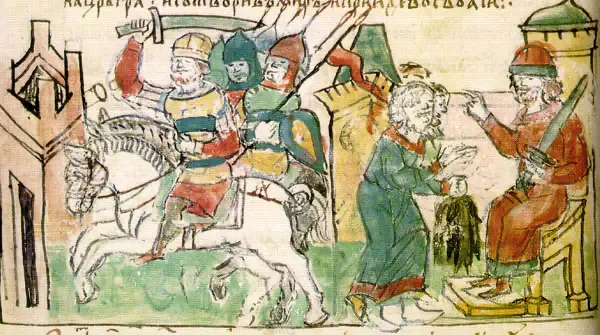 Radziwiłł Chronicle miniature of the Drevlians bringing marten-fur tribute to Igor of Kiev