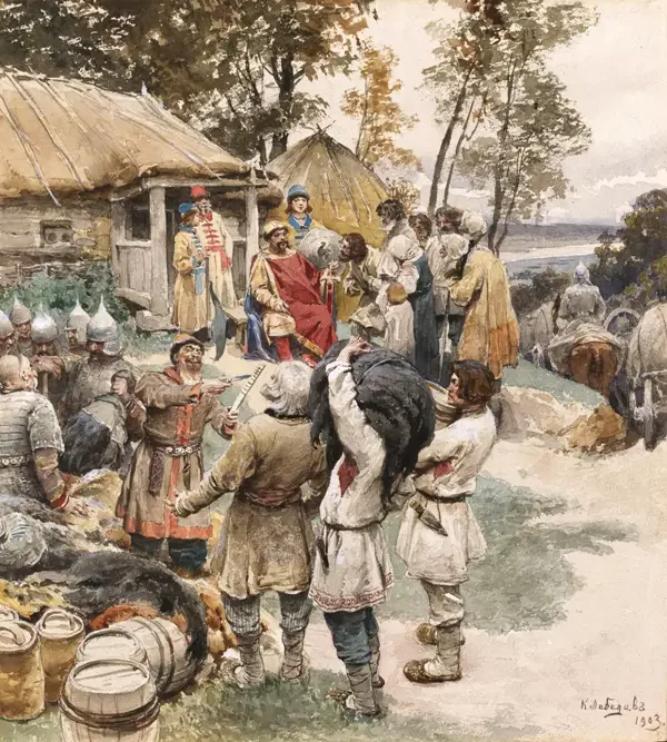 1900s Russian painting by Klavdiy Lebedev of Prince Igor of Kiev's men collecting tribute from the Drevlians in AD 945