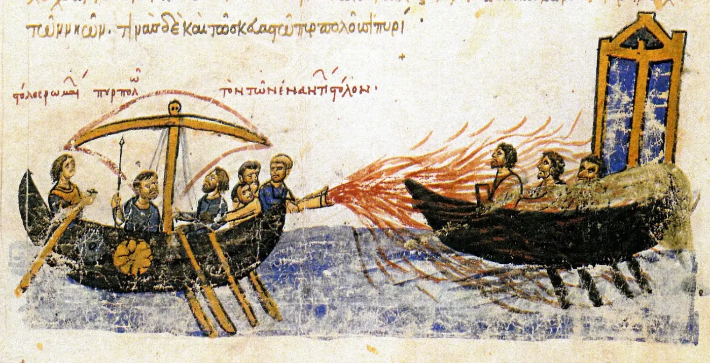 Twelfth-century Madrid Skylitzes miniature of Byzantine ships spraying Greek fire — this scene depicts the ninth-century rebel Thomas the Slav, not Igor of Kiev