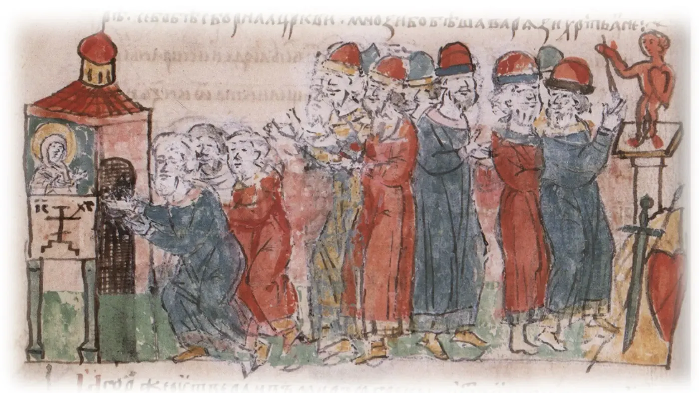 Radziwiłł Chronicle miniature of Igor of Kiev's pagan warriors swearing an oath before the idol of Perun to seal the treaty of 944