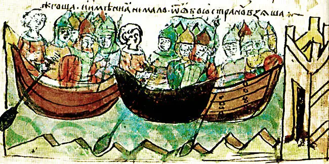 Fifteenth-century Radziwiłł Chronicle miniature of Prince Igor of Kiev's fleet setting out against Constantinople in AD 941