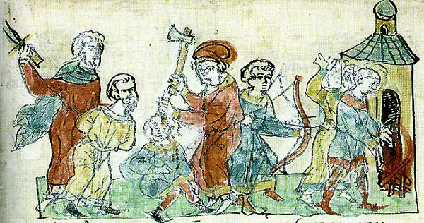 Radziwiłł Chronicle miniature of Rus' warriors raiding Byzantine territory during Igor of Kiev's AD 941 campaign