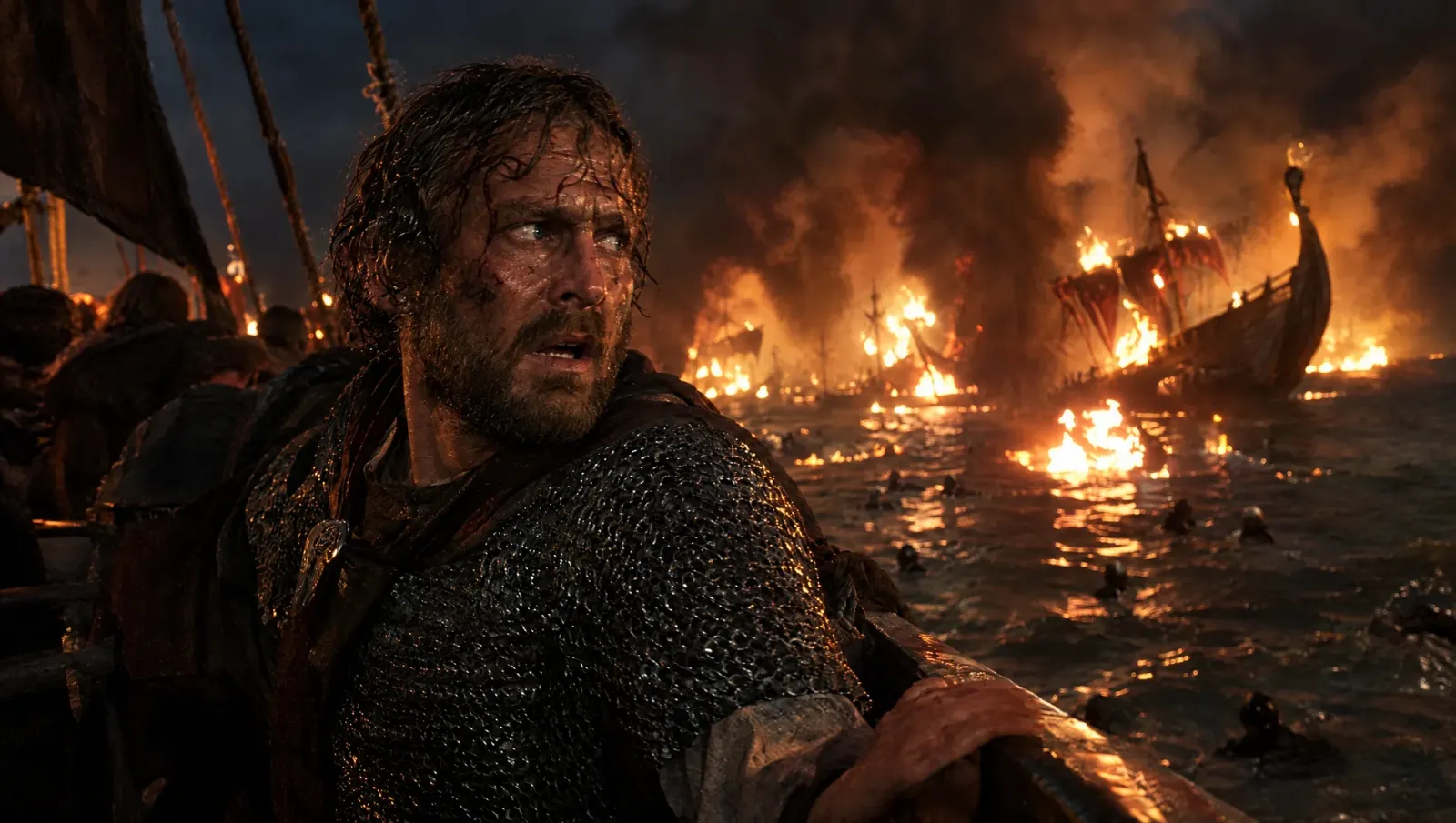 AI-generated depiction of Prince Igor of Kiev aboard his burning warship during the Rus' attack on Constantinople in AD 941