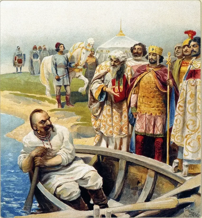 Painting by Klavdiy Lebedev of Prince Sviatoslav meeting Emperor John I Tzimiskes on the bank of the Danube