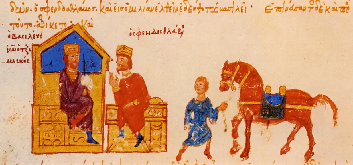 Medieval Byzantine miniature of Emperor John Tzimiskes on horseback meeting Prince Sviatoslav after the peace of 971