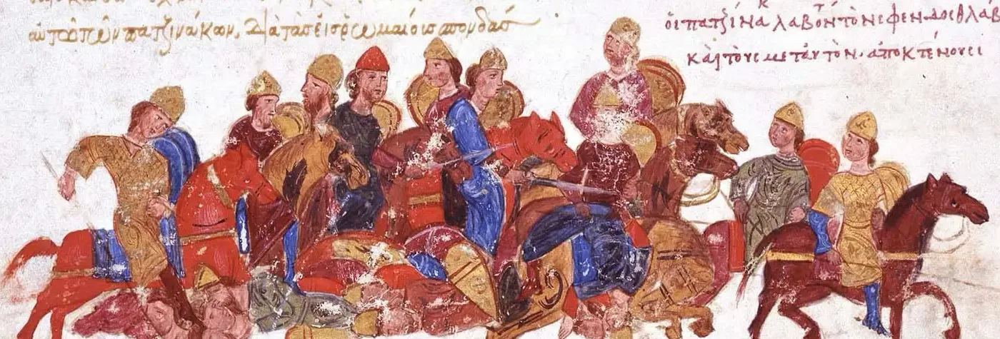 Twelfth-century Byzantine miniature of Pecheneg horsemen slaughtering Sviatoslav's Rus' warriors