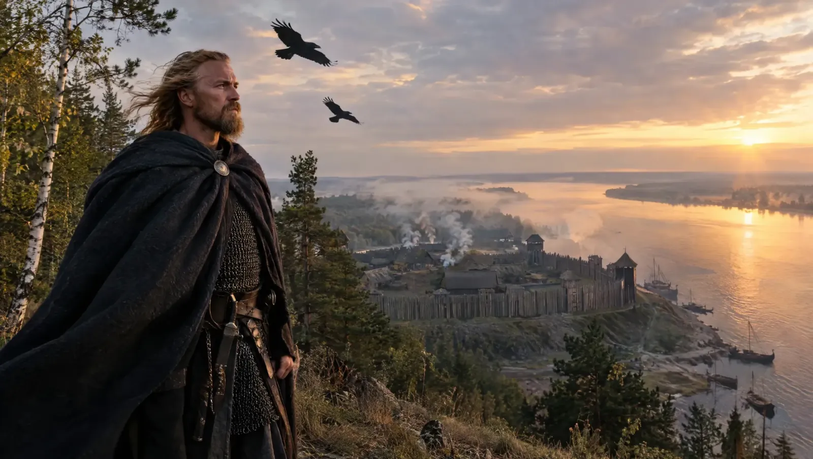 Illustration of Oleg of Novgorod, the Varangian prince who founded Kievan Rus', overlooking Kiev at dawn