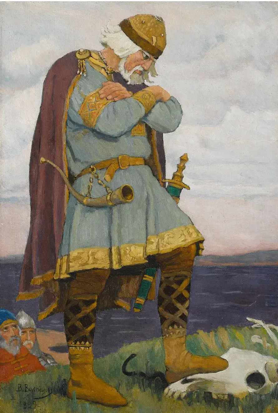 Viktor Vasnetsov's 1899 painting of Prince Oleg standing over his horse's skull as a snake slides out beside his foot