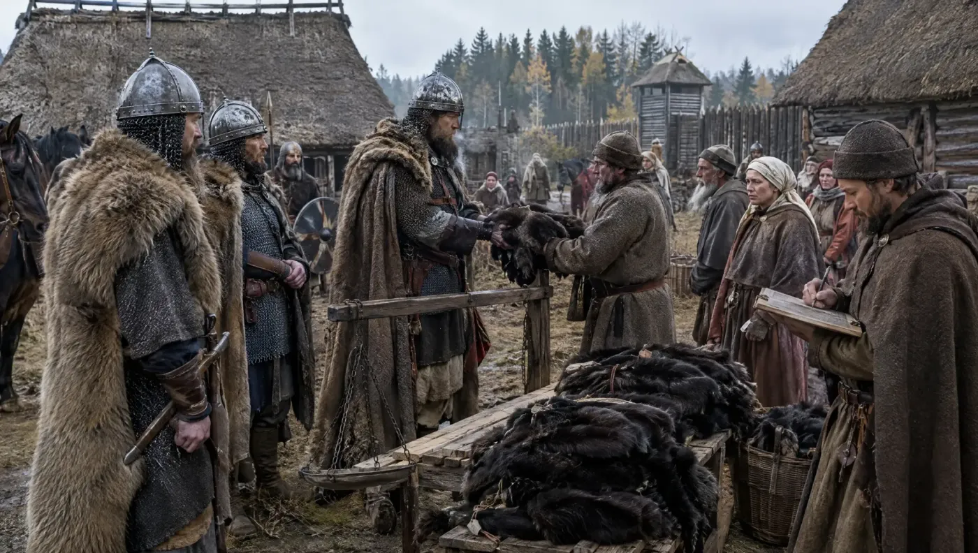 Illustration of Oleg's men collecting marten-skin tribute from a Slavic tribe