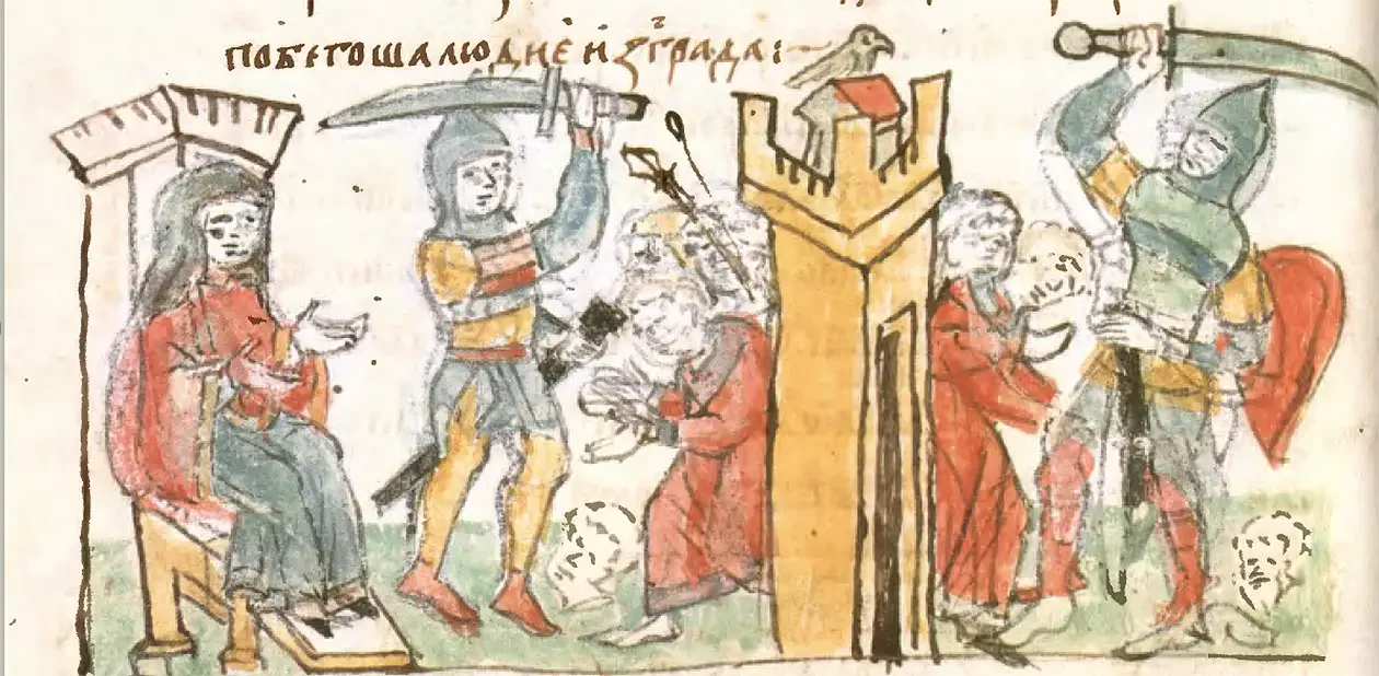 Medieval Radziwiłł Chronicle miniature showing the burning of Iskorosten