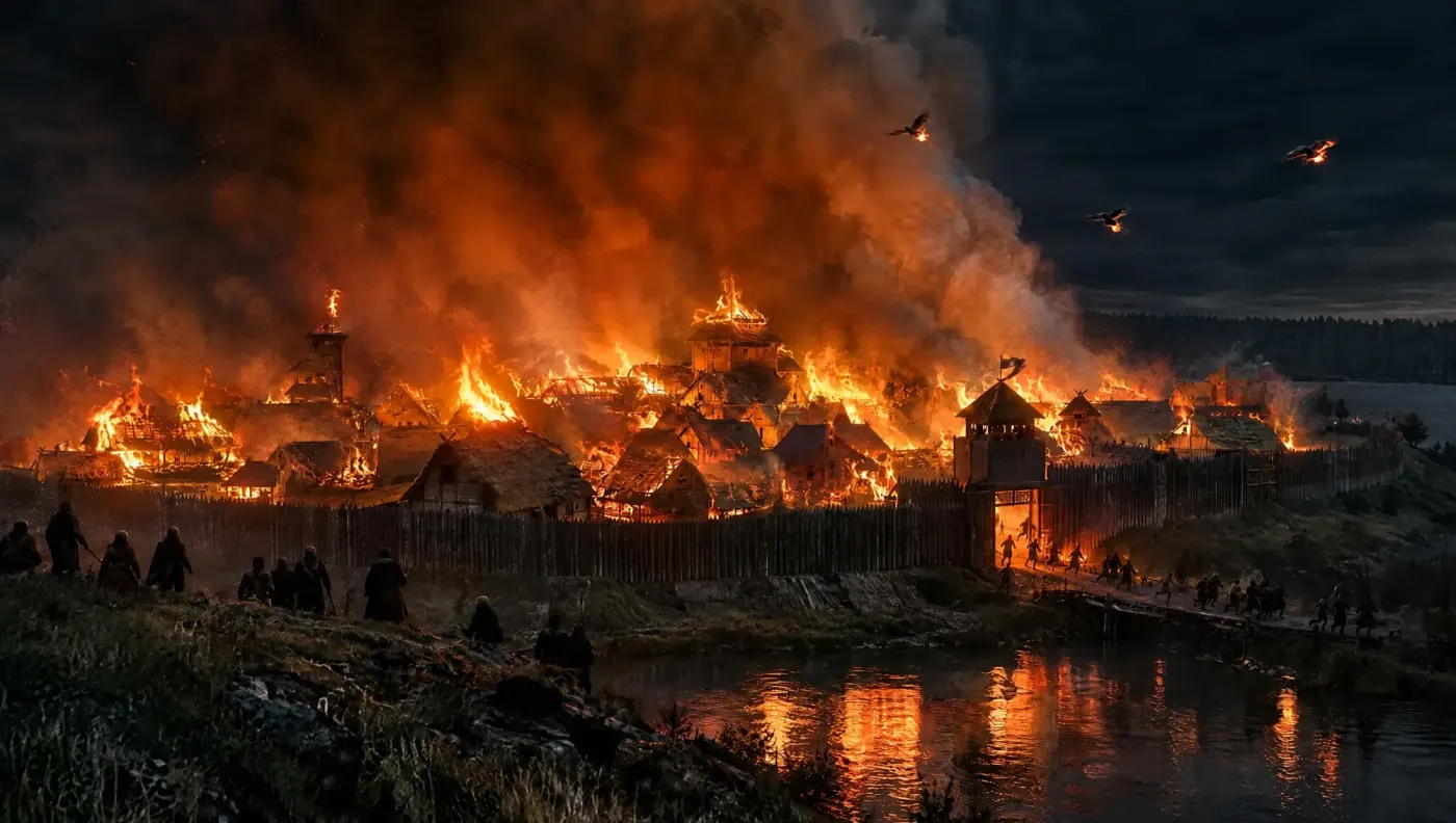 Illustration of a burning wooden hillfort town at night with birds carrying fire, depicting the Iskorosten legend