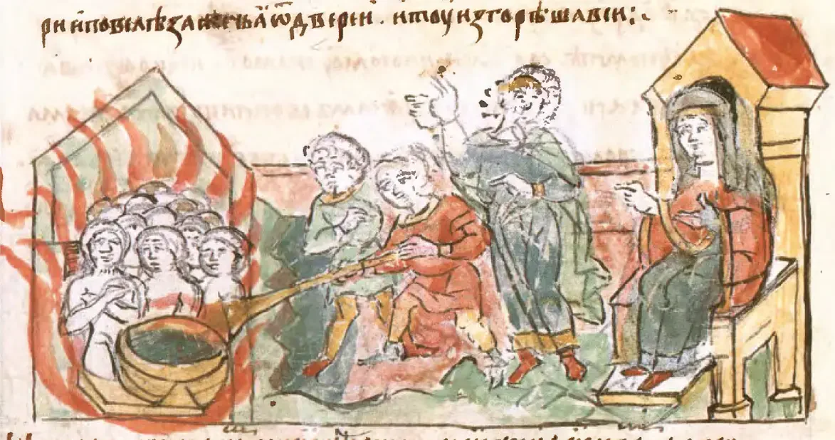 Medieval Radziwiłł Chronicle miniature of Olga's revenge on the Drevlian envoys