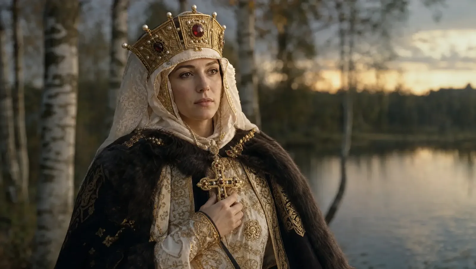 Artist's impression of Olga of Kiev in a jewelled crown and fur cloak by a lake at dusk