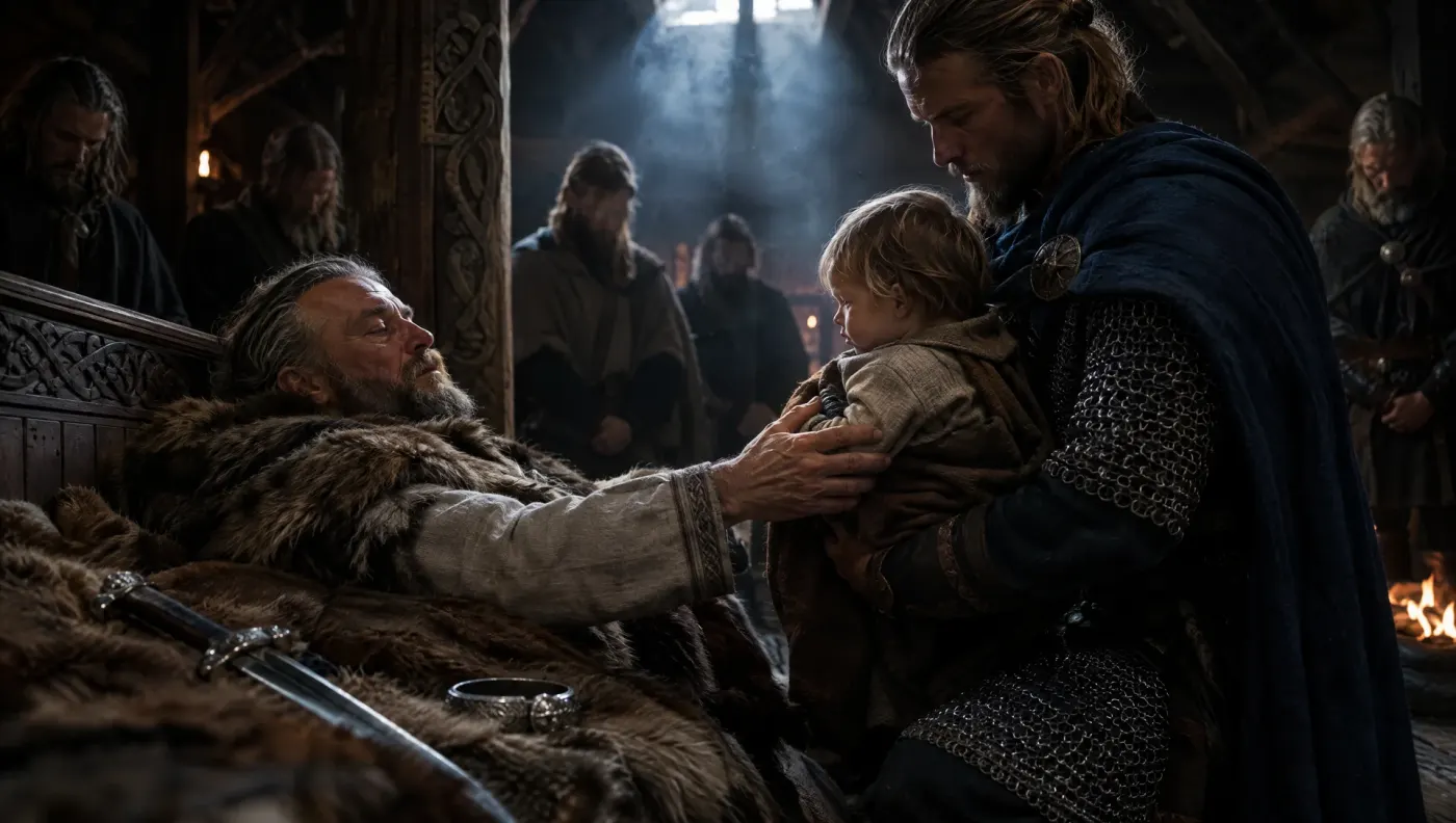 Artist's impression of a dying chieftain placing his hand on a small boy held by an armoured warrior