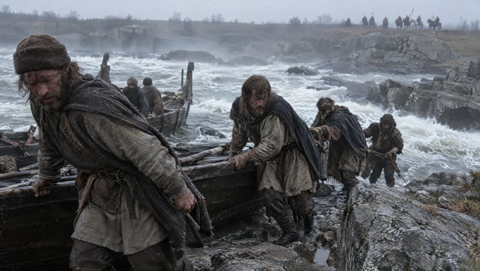 Exhausted Rus' warriors hauling boats over granite ledges at the Dnieper rapids while steppe horsemen watch from the far bank