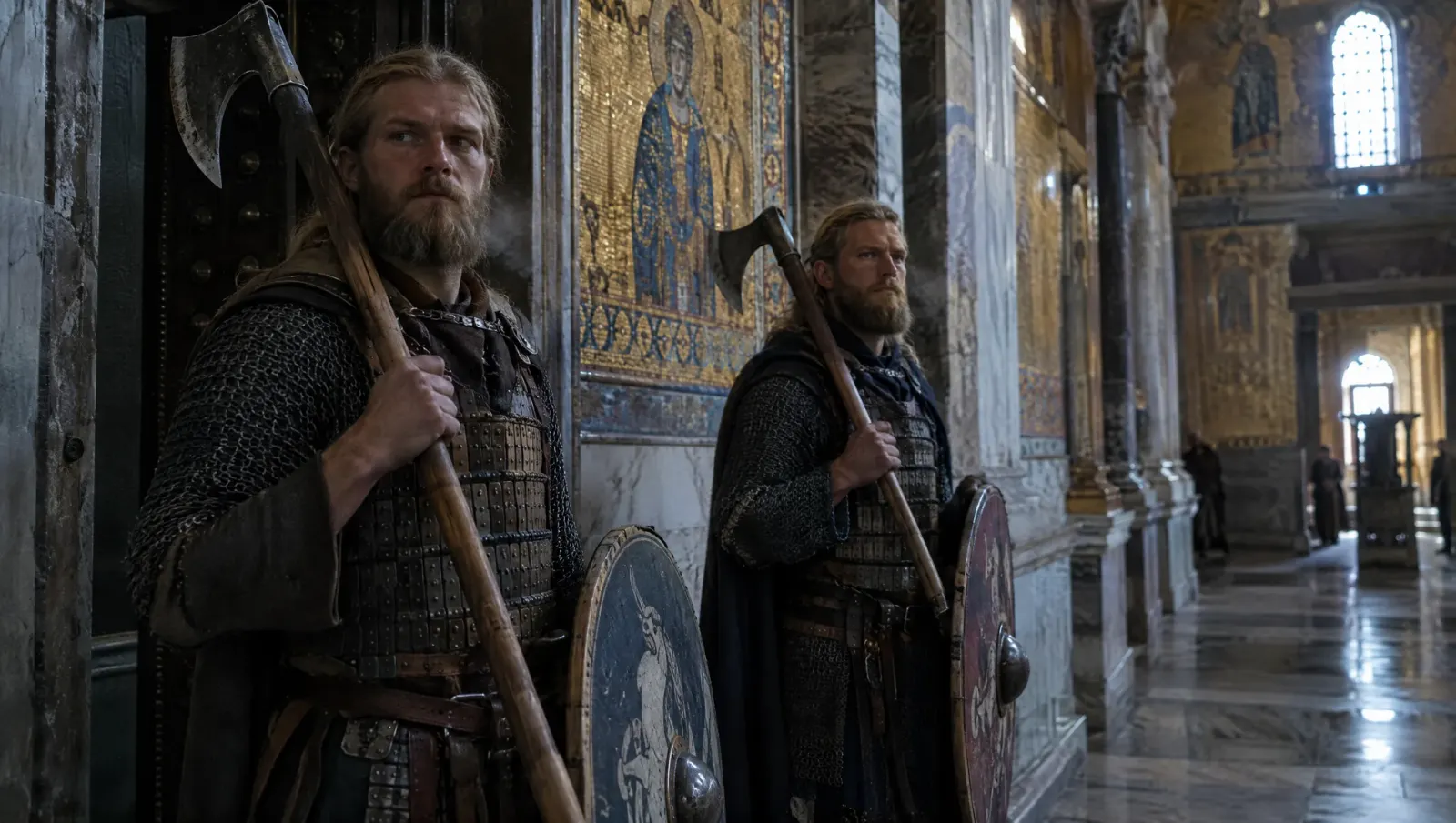 AI-generated depiction of two Varangian Guard axemen standing at a doorway in the Byzantine Great Palace, Constantinople