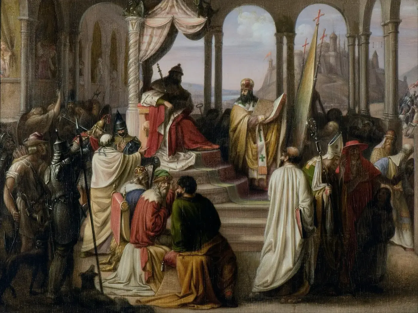 Early 19th-century painting by Johann Eggink of Prince Vladimir the Great listening to envoys of different faiths before choosing Christianity in AD 988