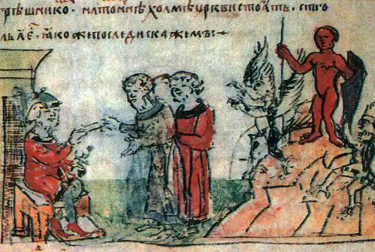 Fifteenth-century Radziwiłł Chronicle miniature of Prince Vladimir raising the idol of Perun in Kiev in AD 980