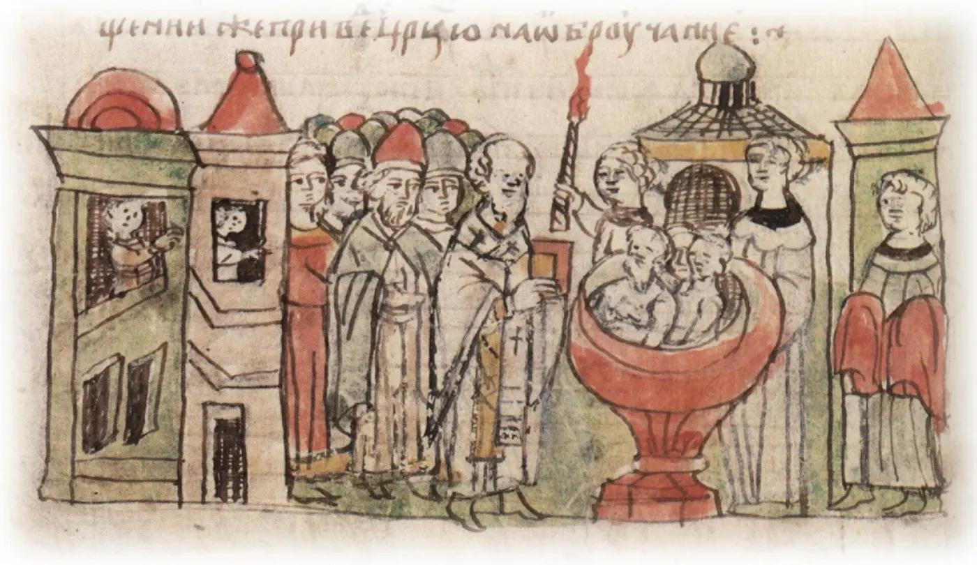 Radziwiłł Chronicle miniature of Prince Vladimir the Great's retinue being baptised in the Church of St Mary at Korsun