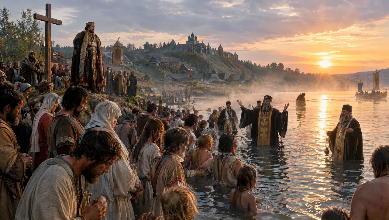 Artist's impression of the mass baptism of Kievans in the Dnieper at sunrise, with Prince Vladimir watching from the bank