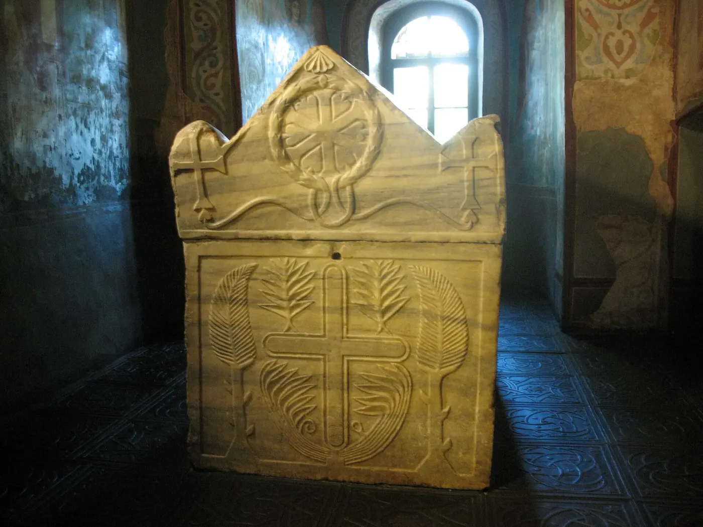 Carved white marble sarcophagus of Yaroslav the Wise in Saint Sophia Cathedral, Kyiv