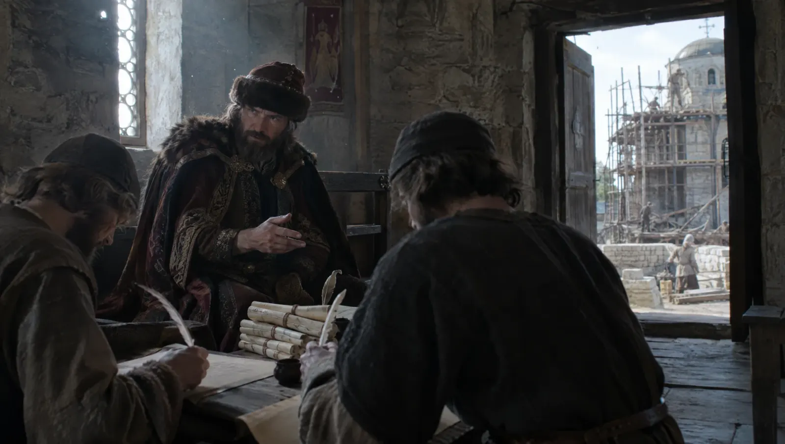 AI-generated depiction of Grand Prince Yaroslav the Wise dictating law to scribes in Kyiv, with Saint Sophia Cathedral under construction visible behind him